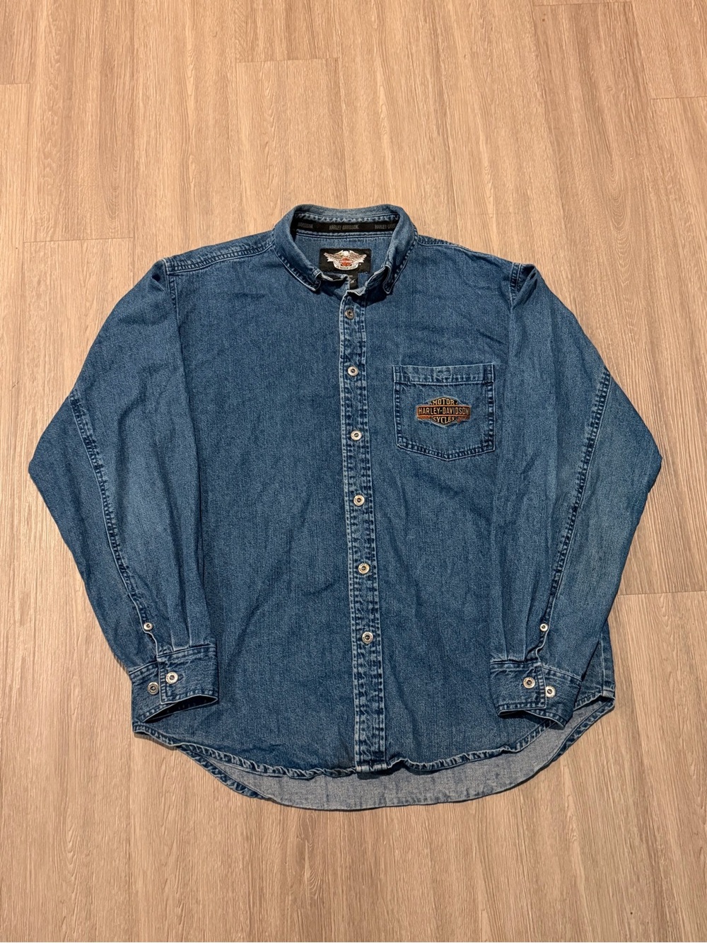 Vintage HARLEY-DAVIDSON Mens Blue Denim Button Down Shirt Size L